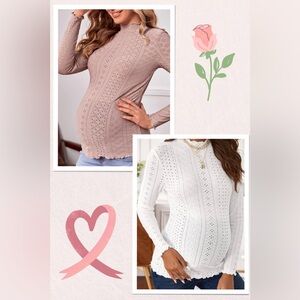 Maternity Medium Mock Neck Lettuce Trim Pointelle Knit Shirt Long Sleeve Shirts